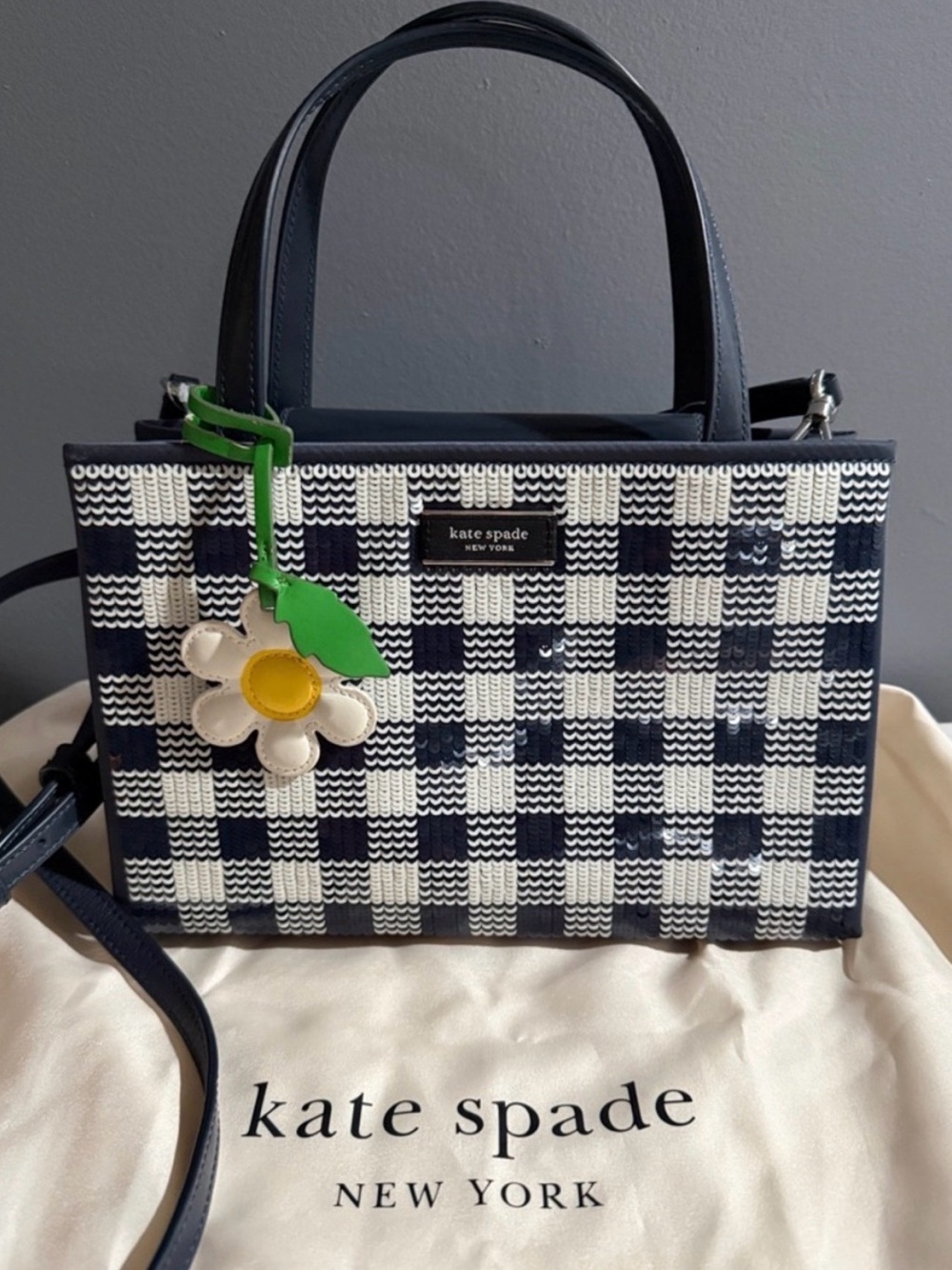 Kate Spade Sam Icon Gingham Sequin Tote w/ Branded Dusty & Daisy Charm - NWT